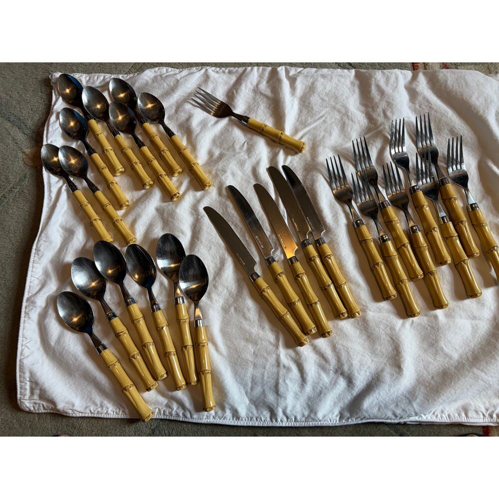 28 Mixed Pc Faux Bamboo Handle Flatware Mixed Lot Yellow Stainless China Tiki